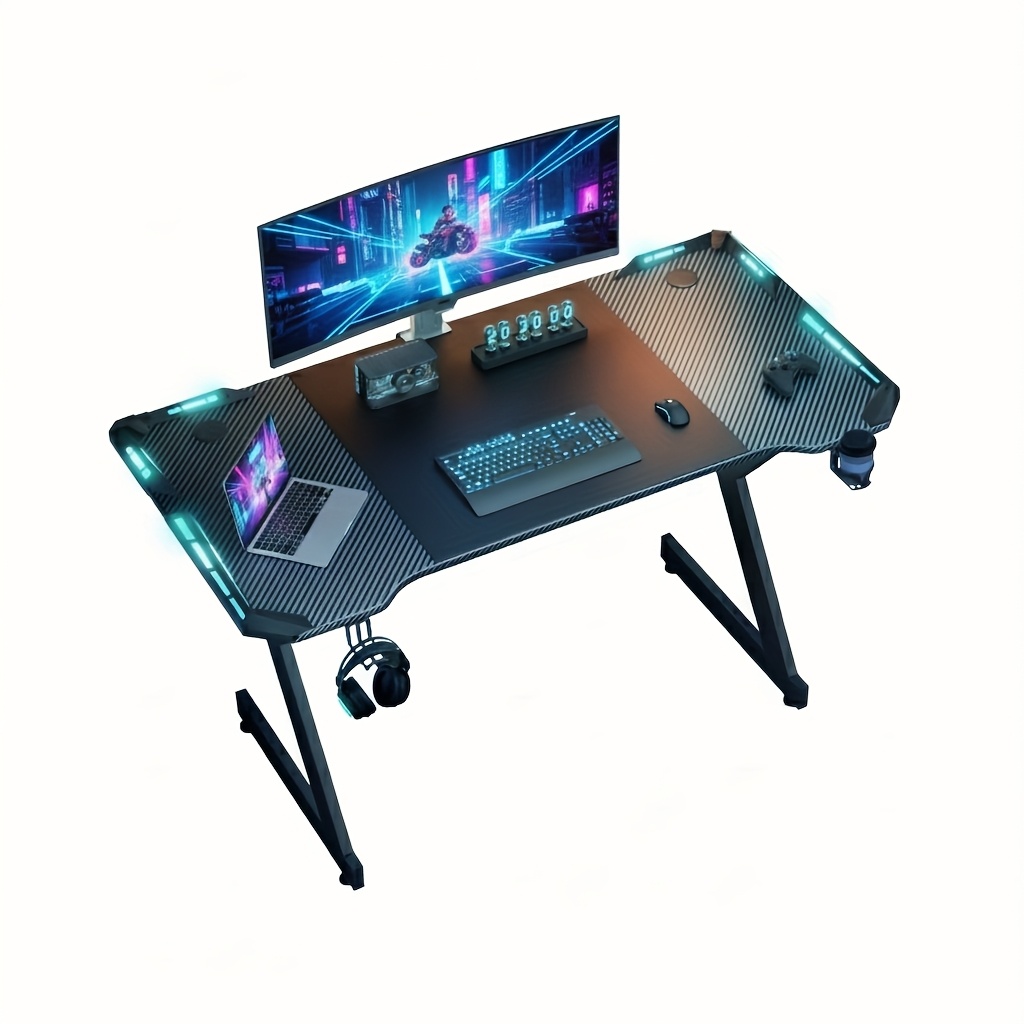Led-lit Office Computer Desk, 100cm Oversized Carbon Fiber-coated Home/office Gaming Desk, Desk With Cup Holder & Headphone Stand, Black, With Cable Organizer, For Remote Workers