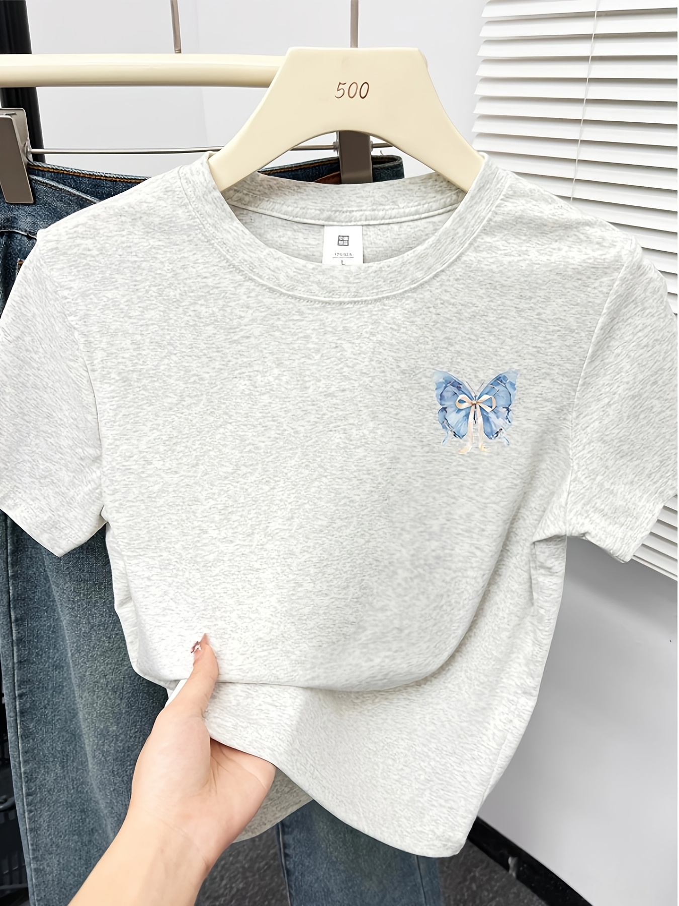 womens   fit   print t shirt hangin   with blue brown butterflies casual short sleeve top for spring summer   shirt Product details 1