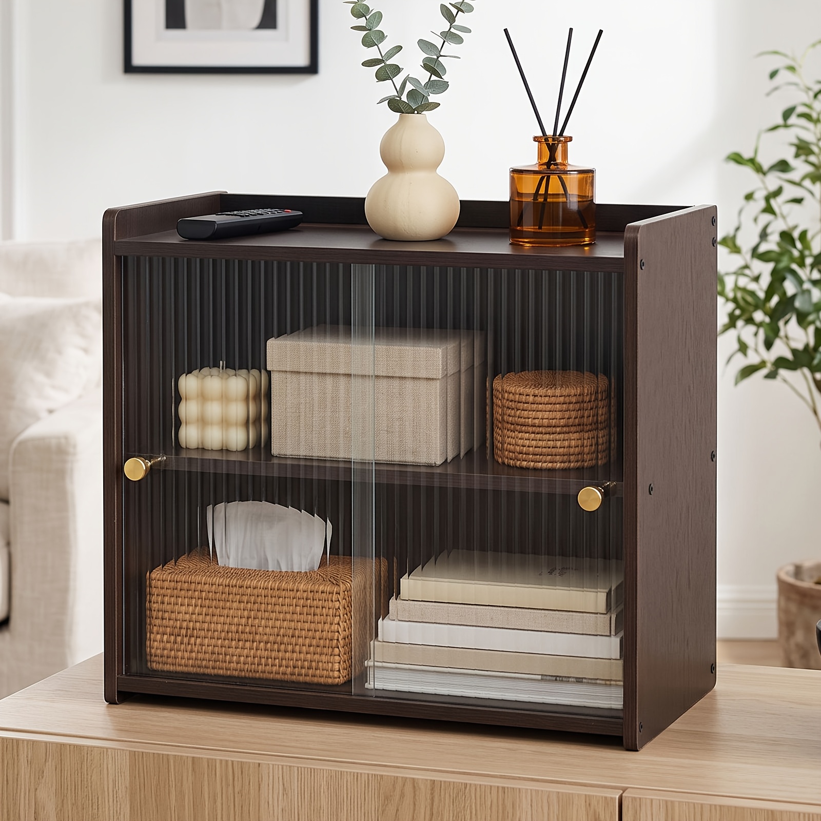 3-tier Corner Shelf, Large-capacity , Enclosed Cabinet, Dust-proof Design, Sliding Door Cabinet, Design, Tabletop Storage For Entryway, Kitchen, Living Room, Dining Room & Office, Corner Shelves
