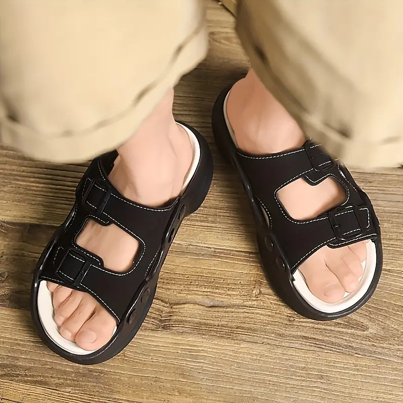 2025 summer minimalist thick soled couple slides breathable eva sandals with non fashionable black beige design for indoor outdoor use beach casual wear and beach sandals Product details 4