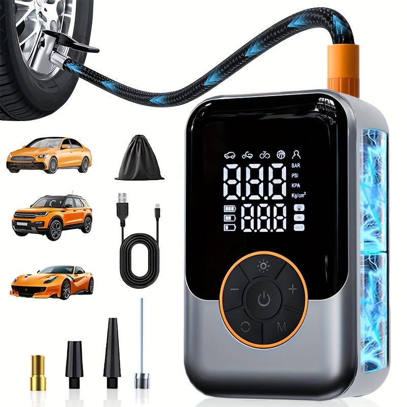 E-shop Tragbarer Mini-Reifenfüller, kabellos, mit digitalem Druckmessgerät-Display. Er ist kompakt leicht zu transportieren. Unterstützt USB-Aufladung