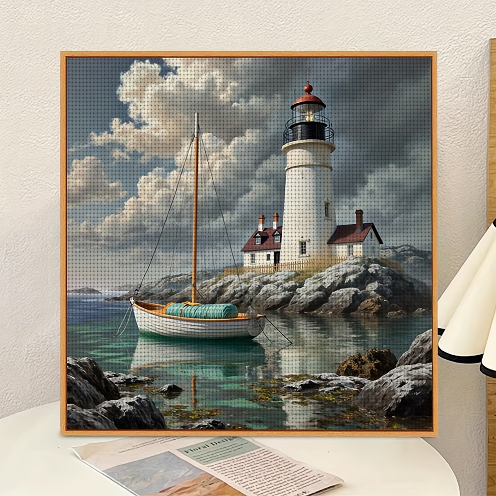 Cross Stitch Kit Featuring Lighthouse and Boat by the Shore