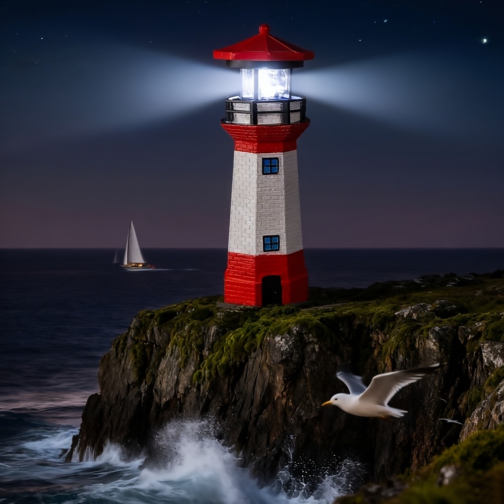 TEMU Solar Powered Lighthouse Ornaments - 360° Rotating Led, Ip44 Waterproof Outdoor Garden Light, Auto Landscape Lighting For Yard Pathway Patio,