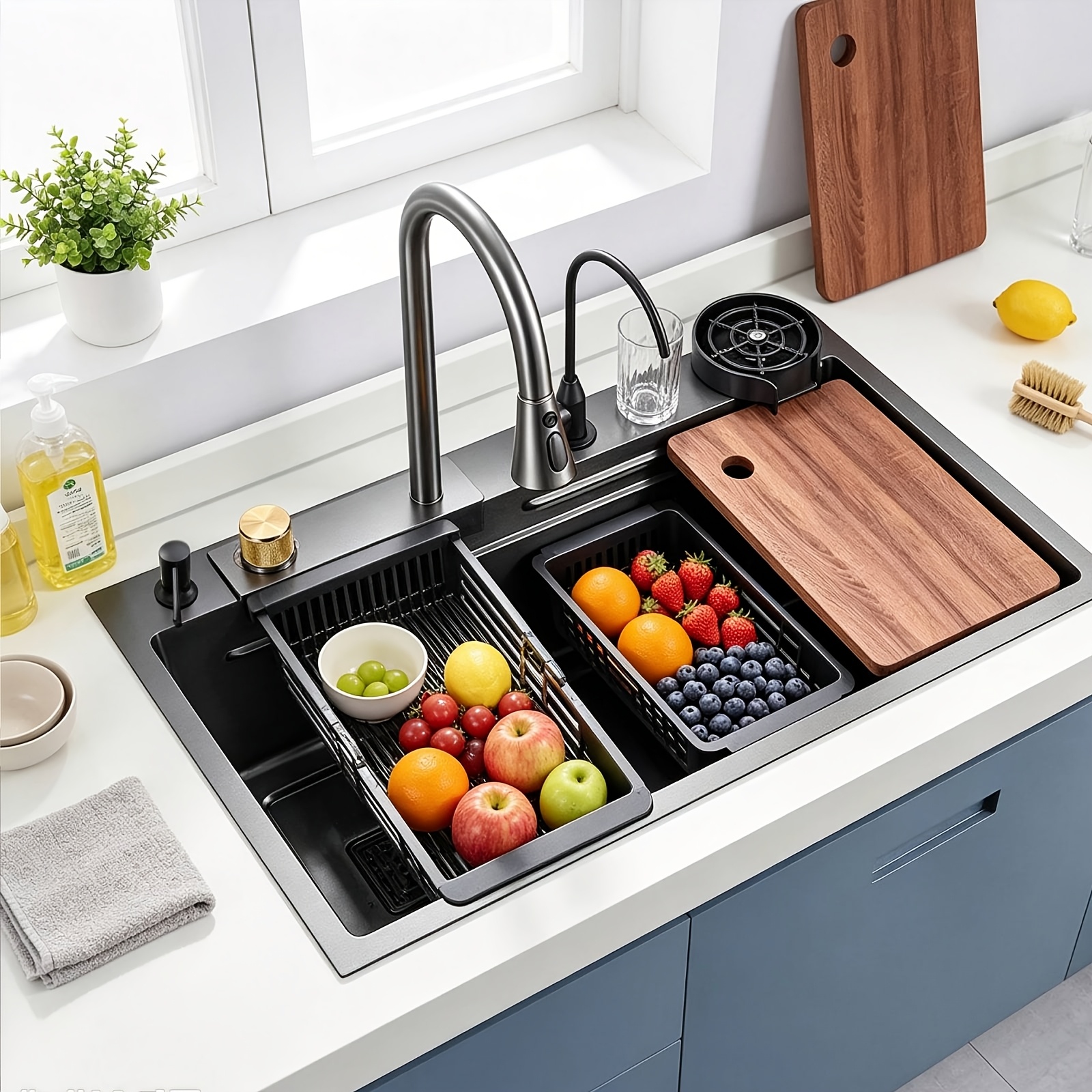 TEMU 80*45cm Black Kitchen Sink, Stainless Steel Single Basin Includes Pull-down Faucet, Workstation Sink With Soap Dispenser Drain Basket And