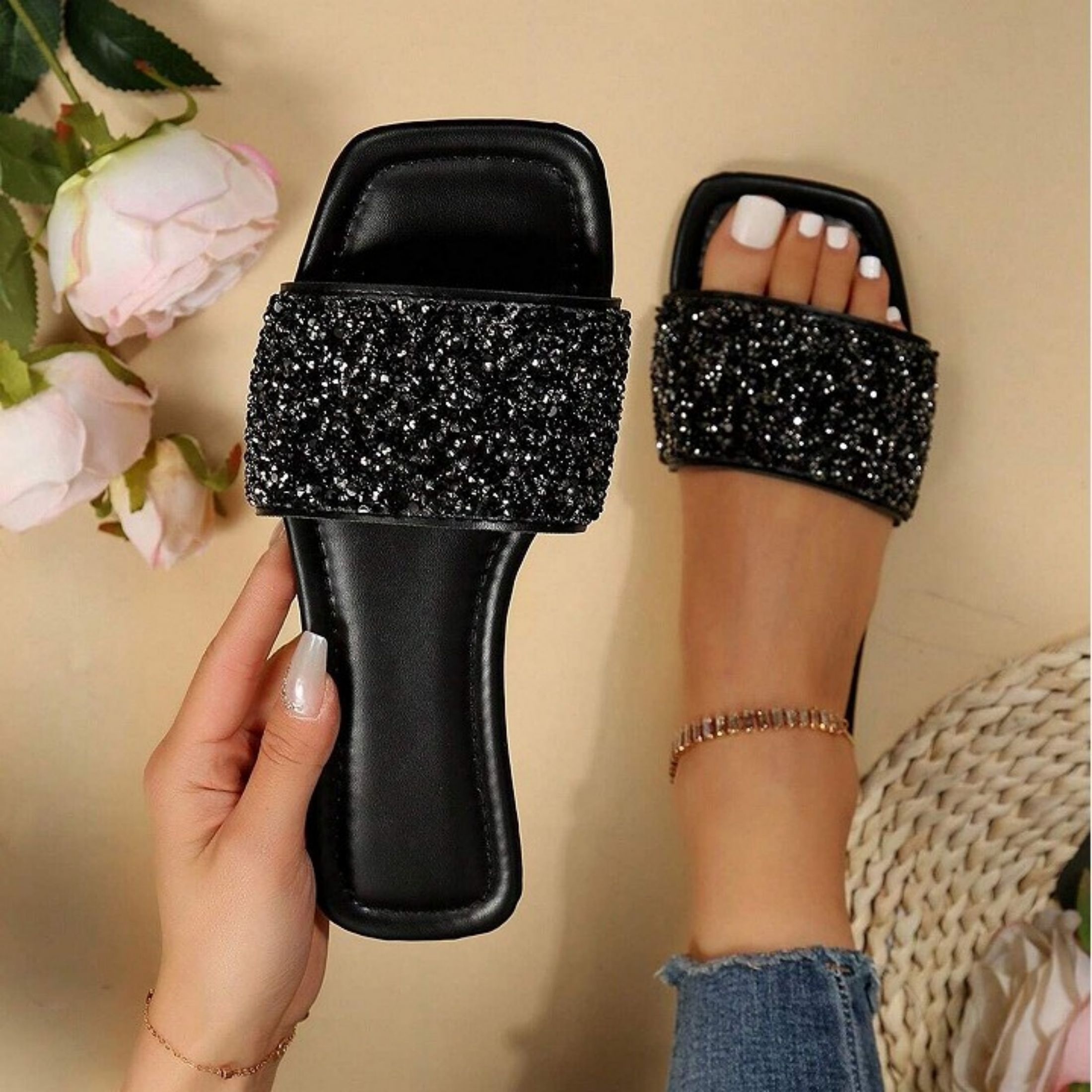 

Women's Rhinestone Fashion Casual Slides Square Open Toe Flat Bottom Slide Sandals Summer Beach Shoes Indoor And Outdoor