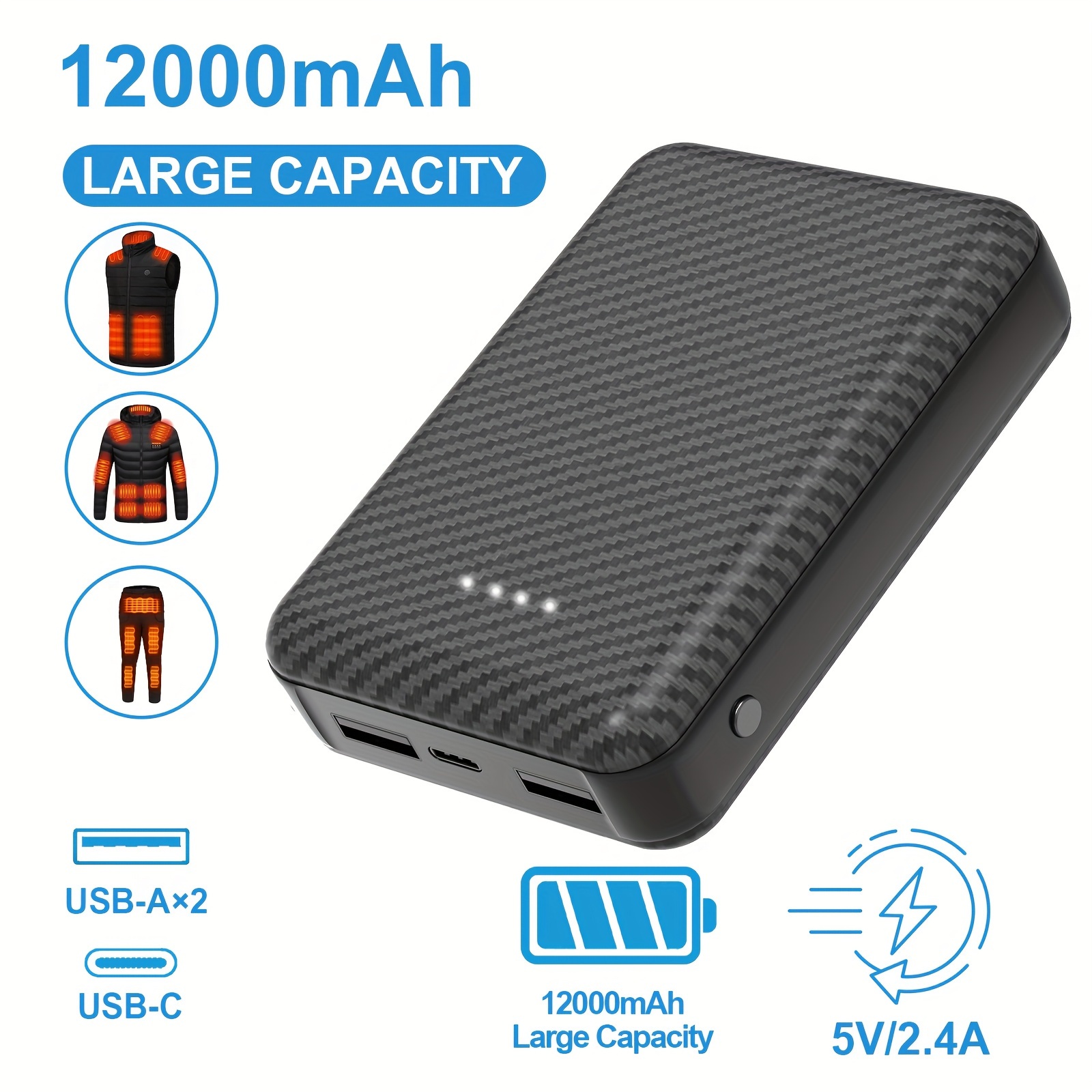 

12000mah Battery Pack For Vest - 5v 2a Power Bank For Jacket And Hoodie, Usb C Portable Charger Powerbank Compatible With Smartphones, Tablets And More