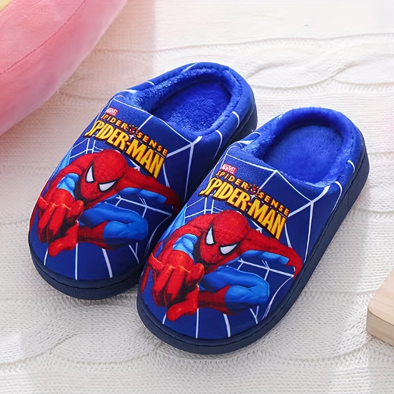 Pair of Kids' Plush Slippers with Spider-Man Print Design, New Autumn/Winter Style for Boys - Black/Blue/Red Options, Easy Slip-On Baby Shoes, Lightweight and Comfortable Indoor Floor Mats, Perfect Holiday Gift, Ideal for Fall Winter Summer, Fashion Statement, Winter Accessory, Cartoon Print, Kids Footwear, for Teenager, for Outdoor