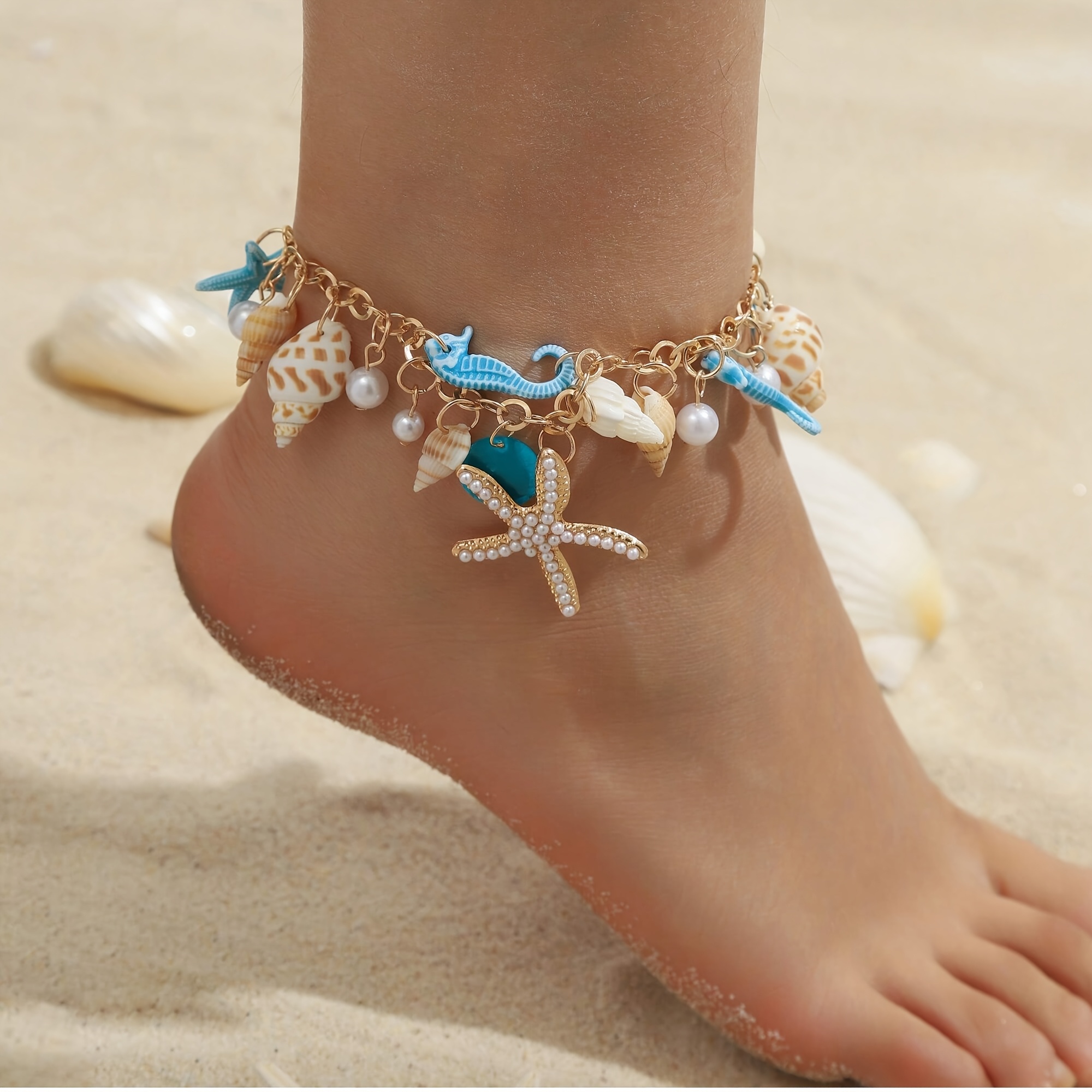 TEMU 1pc Tobillera Estilo Bohemio Playa de Mar, Concha y Perla para Joyería de Pie Femenina