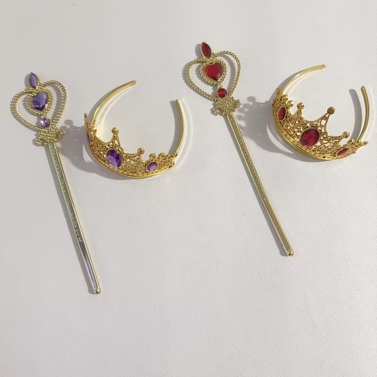 4pcs Golden Gemstone Crown Headband and Heart Magic Wand Set