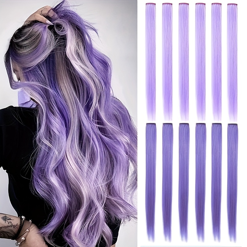 TEMU 12pcs Clip-in Hair Extensions For Women - 21" Straight Synthetic Hairpieces In Vibrant Purple, Light Pink, Dark Blue & Light Blue - , Adjustable