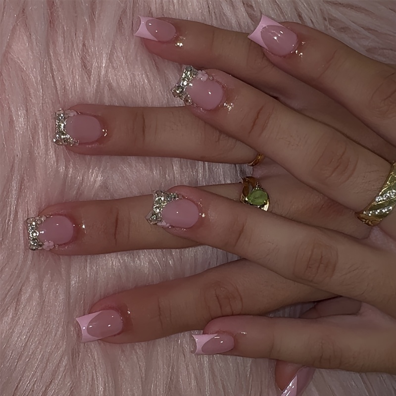 TEMU 24pcs Artificial Nails Short Square Press-on Nails, Pink Glossy Glitter 3d Flower Design Women's Fake Nails , Suitable For Daily Wear, Parties,