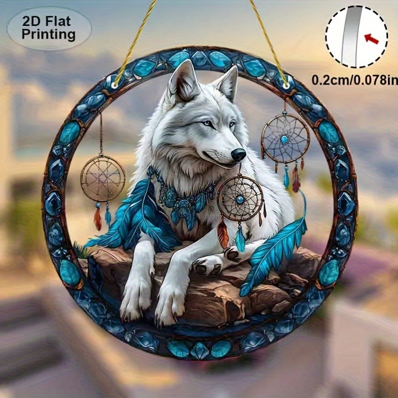TEMU 2d Flat, 1pc Bohemian Wolf Dreamcatcher Wall Hanging - Handcrafted Acrylic Round Wolf & Bead Decor With Suitable For Bedroom, Living Room, -