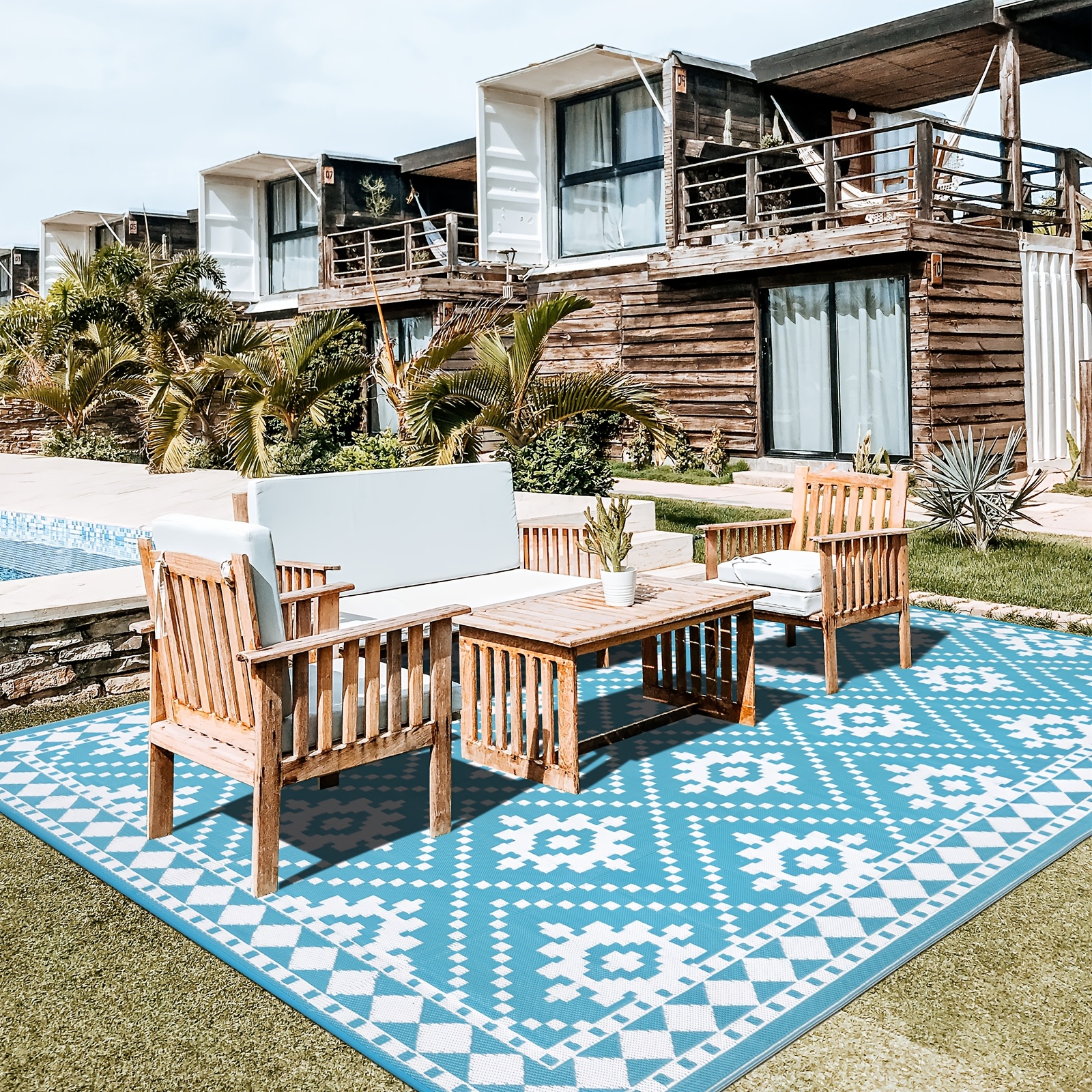 Image of Outdoor Mat, Balcony Camping Rugs Plastic Reversible Lightweight Outdoor Mat For Patio Garden Balcony Indoor Outdoor