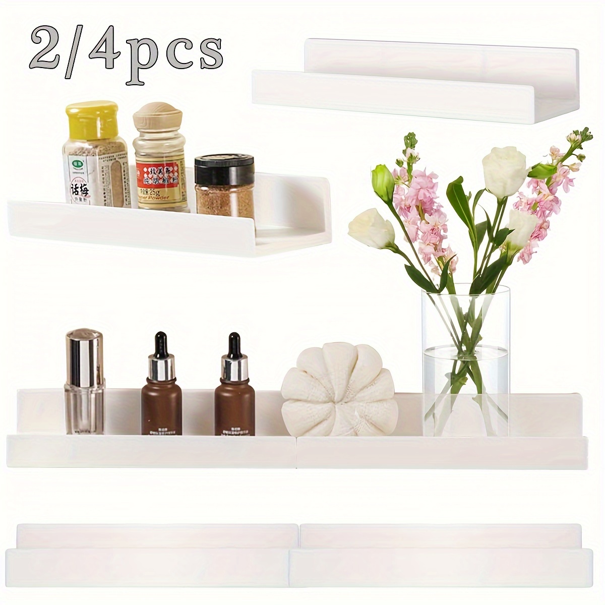 

2pcs/4pcs White Self-adhesive Wall Shelves - No Drill Installation, Bathroom Organization