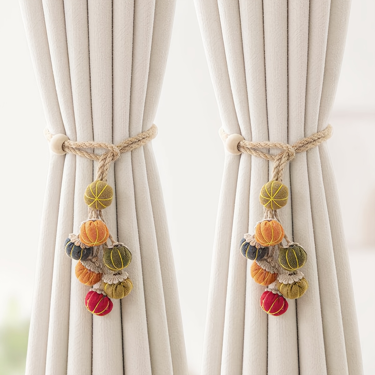 TEMU 2pcs Handmade Cloth Pumpkin Ball Curtain Tiebacks, Retro Contrast Color Hemp Rope With Movable Wooden Bead Ties, Pastoral Style Curtain Buckles