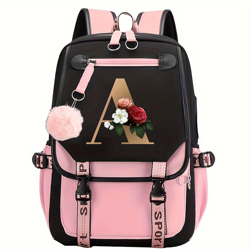 

1pc Floral Letter Print Backpack, Large Capacity Waterproof Fashion School Bag, Outdoor Travel Laptop Daypack