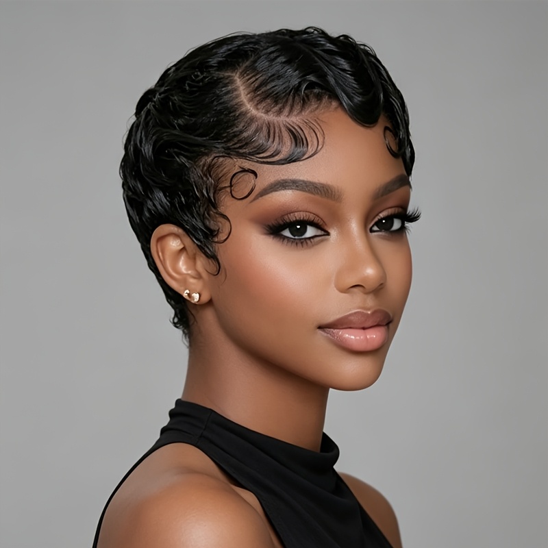 Image of 13x4x1 Side Part Finger Wave Lace Front Wig - Short Vintage Water Wave Brazilian Human Hair Wig, 150% Density, Natural Black