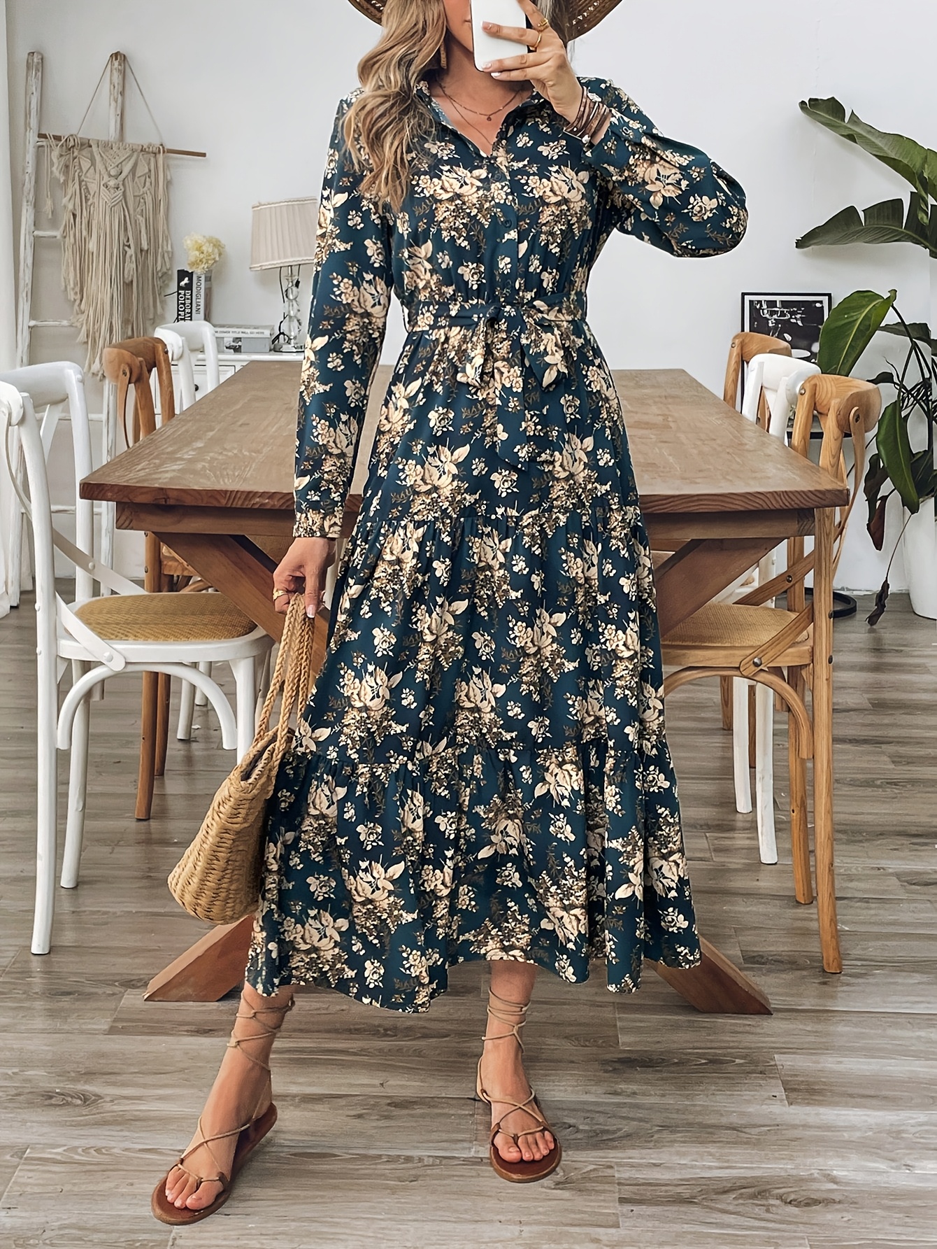 vintage black floral print shirt collar long sleeve tie waist long skirt for commuting dating vacation dress