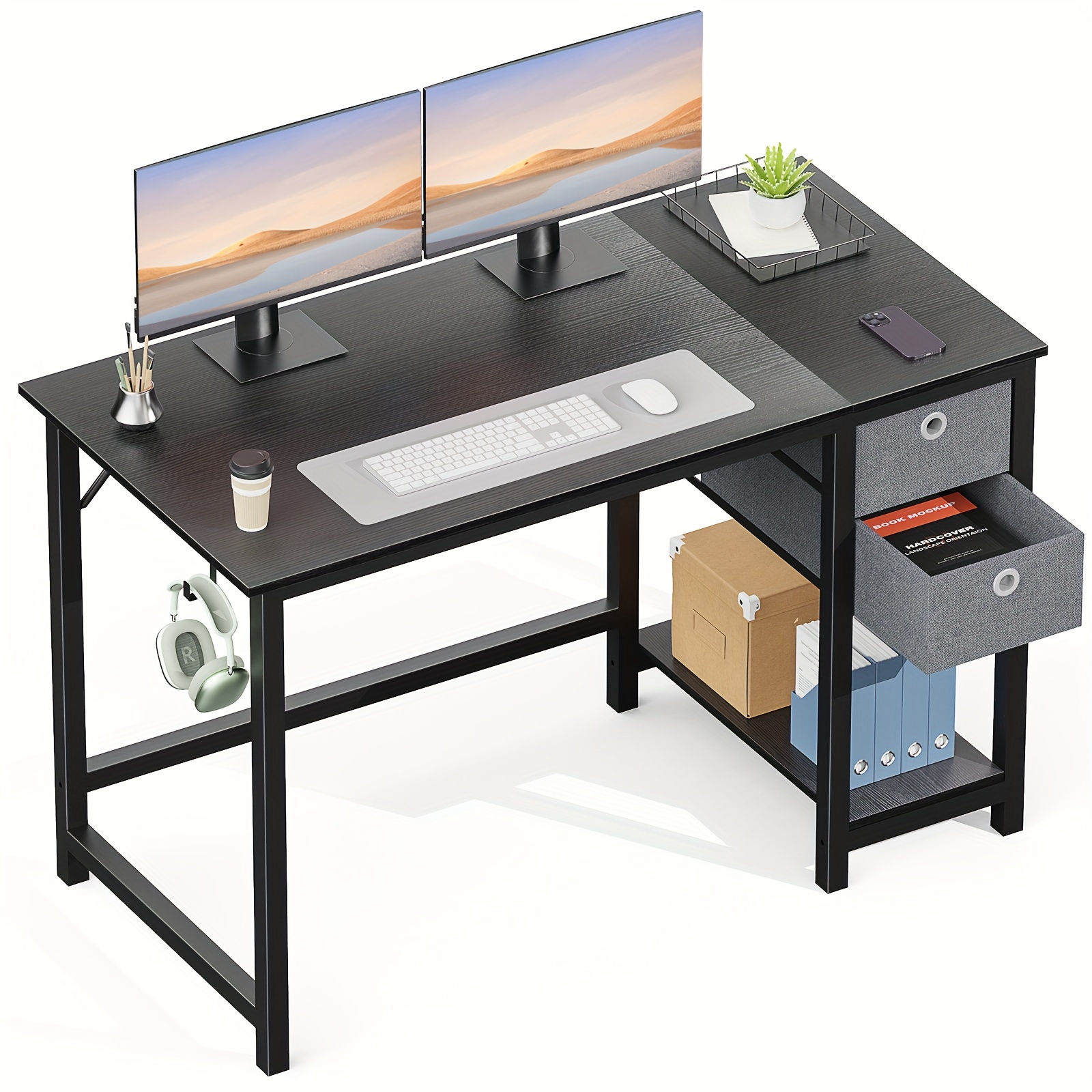 

47 Inch Computer Desk, Small Office Desk With Storage Drawers, Modern Simple Style Writing Study Pc Work Table For Home Bedroom Small Spaces