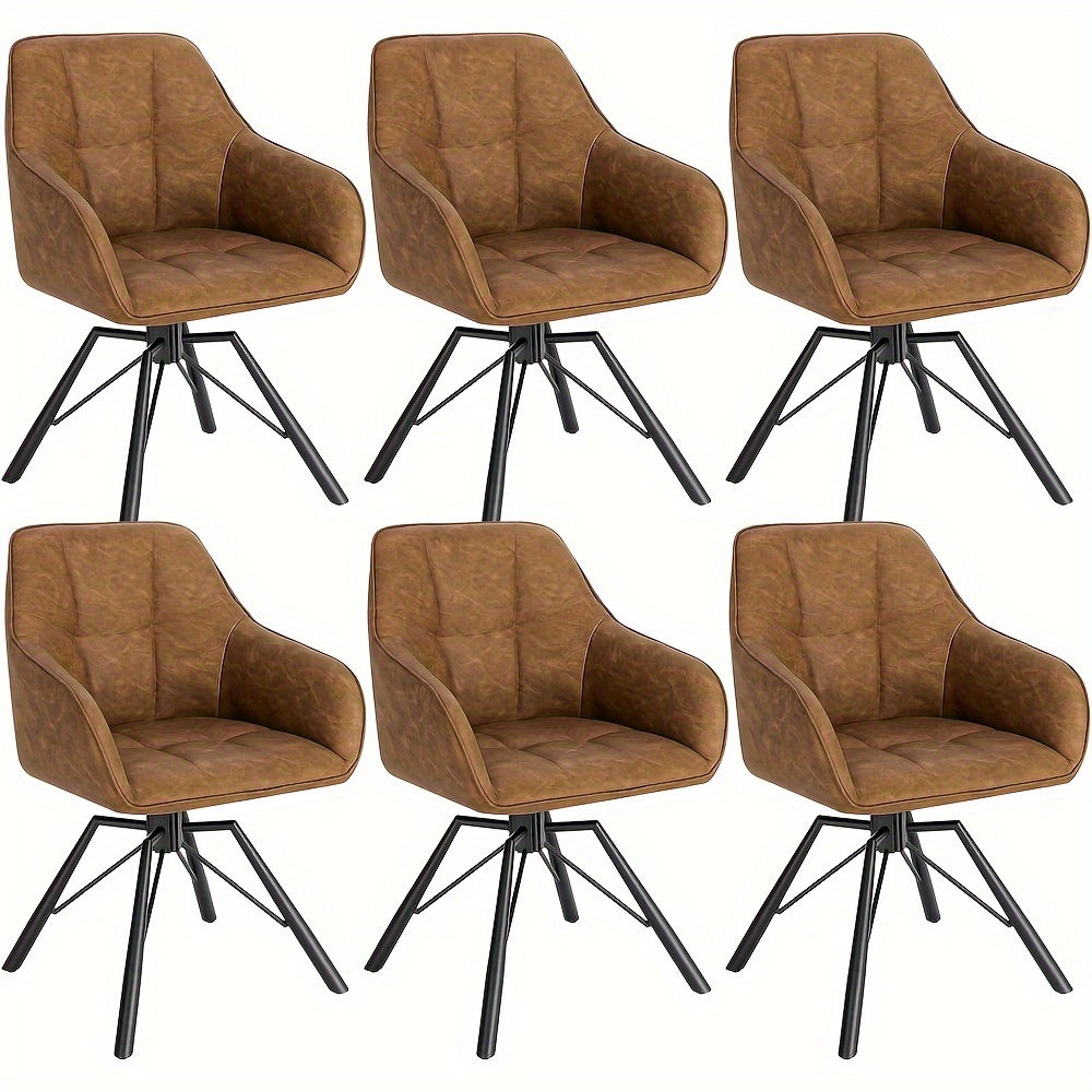 Image of 6pcs Comfortable Swivel Chairs With Armrests And Backrest | Set Of 6 Upholstered In Faux Leather, Light Brown, Suitable For Dining Room And Living Room