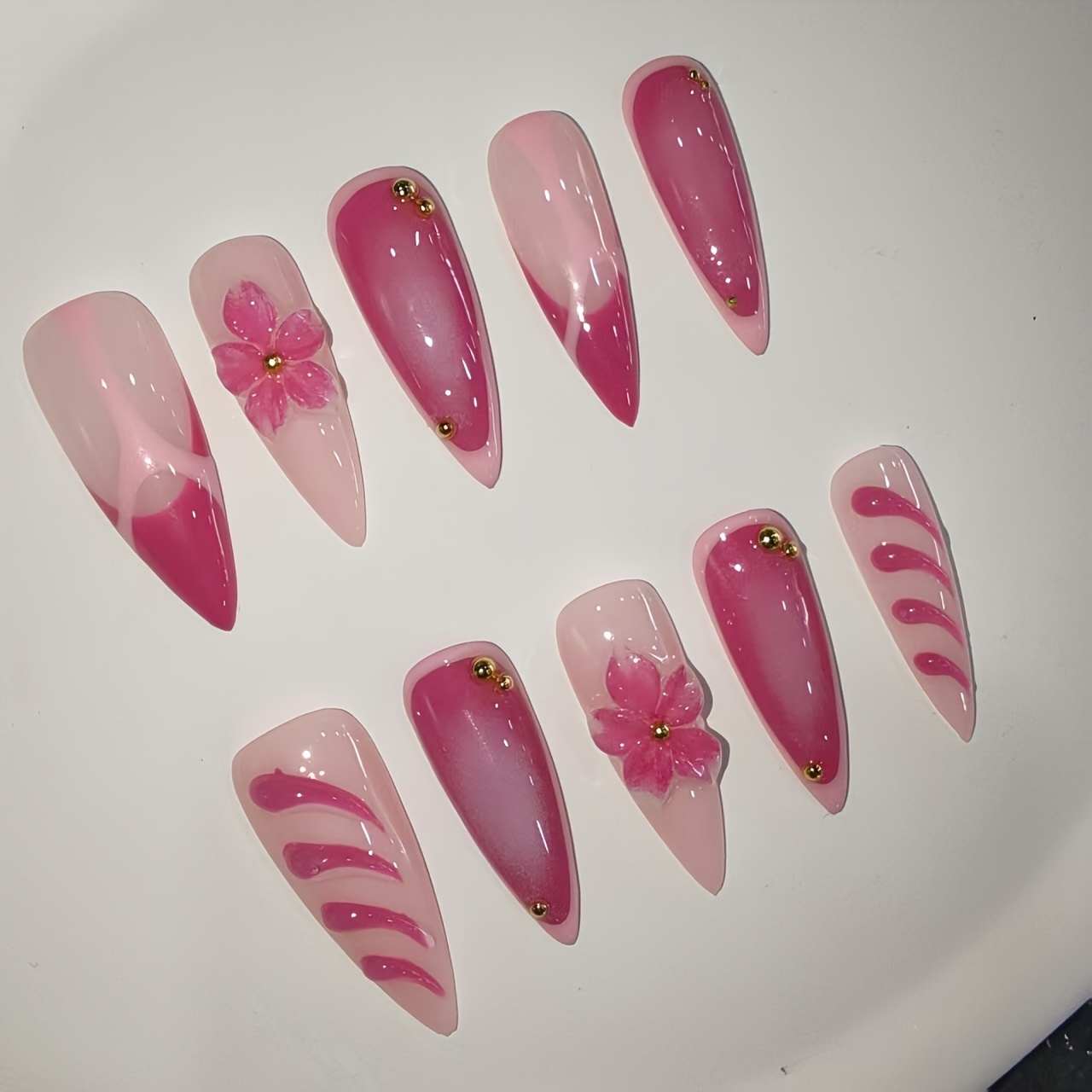 TEMU 10pcs Set Of Handmade Press-on Nails, Rose Pink 3d Carved Press-on Nails, Ultra-thin Stiletto Press-on Nails, Durable And Thick Nail Tips,