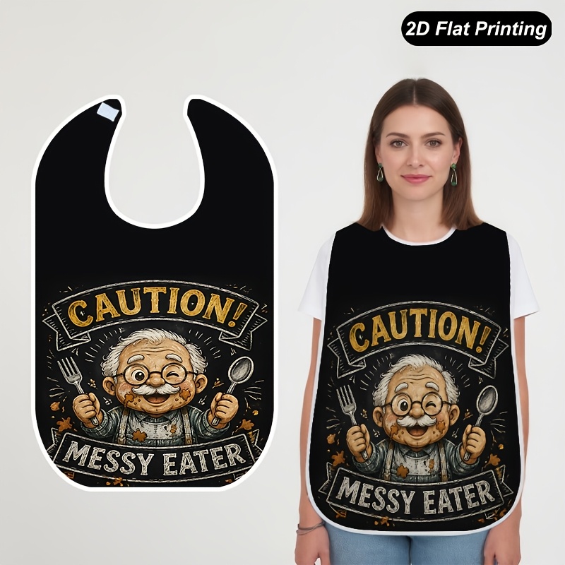 TEMU 1pc 2d Flat Caution Messy Eater Grandpa Bibs Fashionable Adult And Elderly Crumb Catcher For , Fun Pattern, Stylish Bib, Durable Construction,