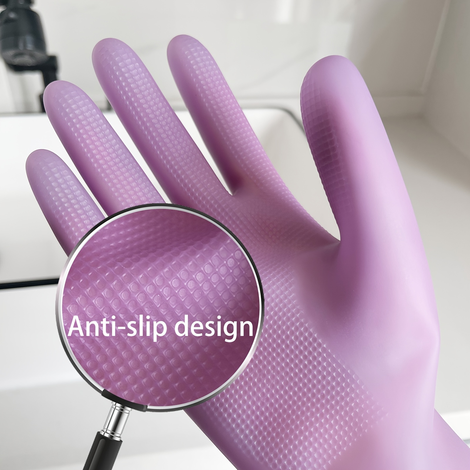 3 pairs of pink silicone cleaning gloves - waterproof, non-slip grip for kitchen, bathroom, laundry |   rubber dishwashing & household gloves, alcohol-free material details 4