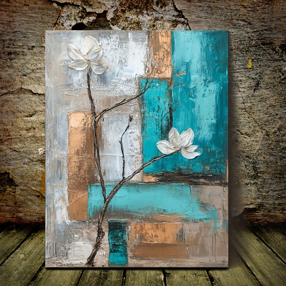 TEMU 2d Flat, 1pc Abstract Floral Canvas Art Print - Turquoise & Gray Textured Wall Decor, Unframed Modern Art Poster 11.8"x15.7" For Living Room,