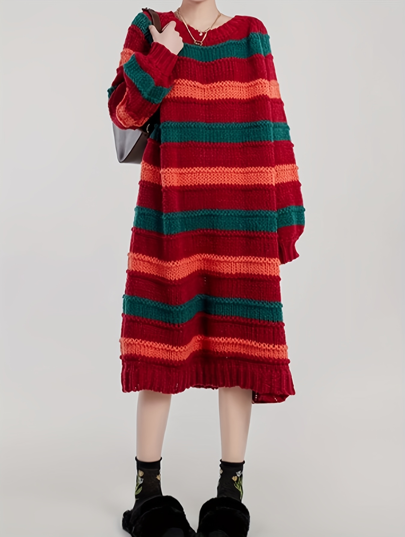 Women'S Christmas Red & Green Striped Sweater Dress with Lantern Sleeves -  Long Winter Dress, Round Neck, No Belt, Cozy Fall Winter Outfit for Holiday  Parties & Casual Attire, Dress For Lady/women