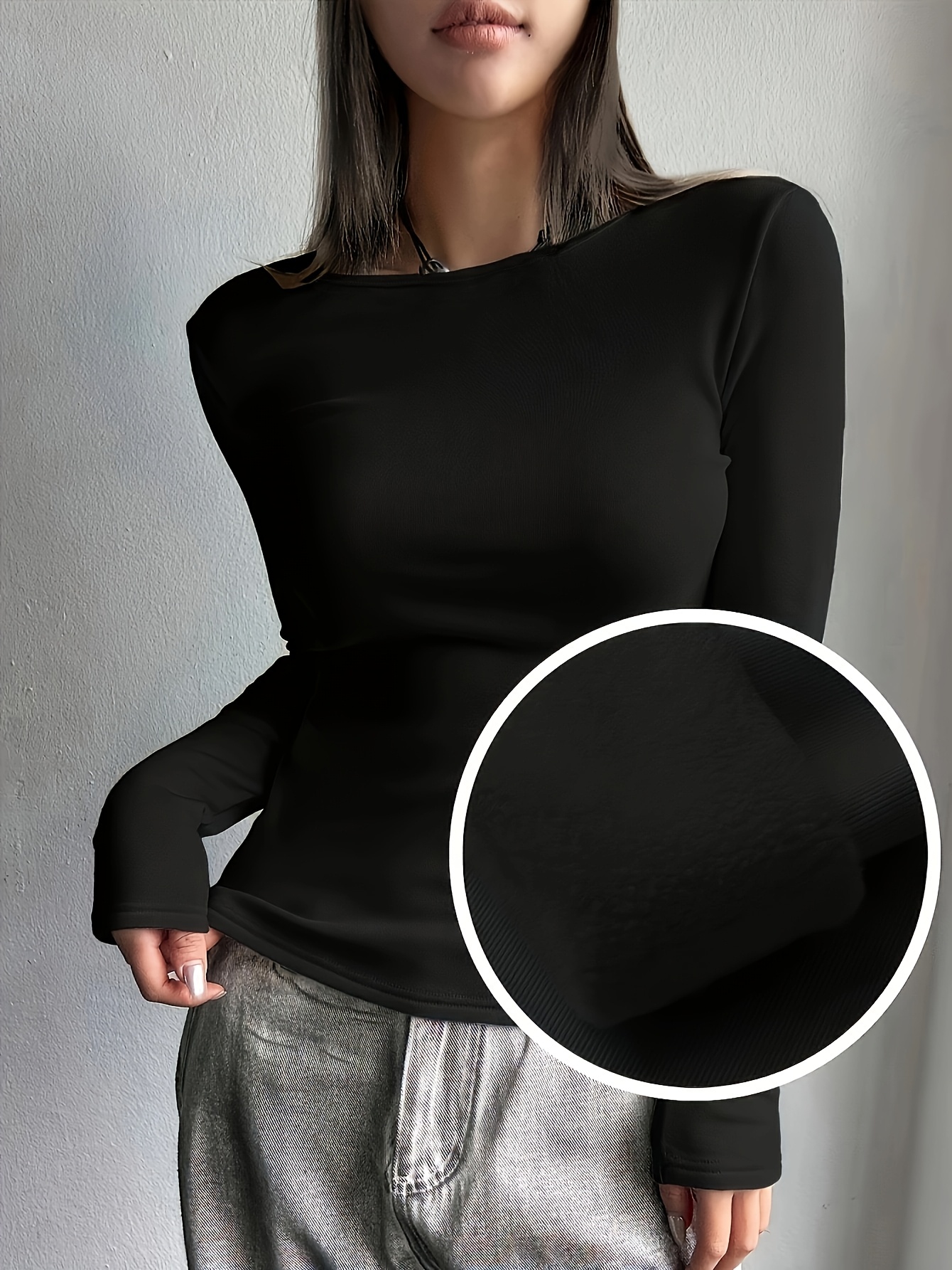 1pc Women'S Long Sleeve Thermal Lined T-Shirt, 95% Polyester 5% Elastane, Crew Neck, Solid Color, Knit Fabric, Regular Length, Suitable for All Seasons