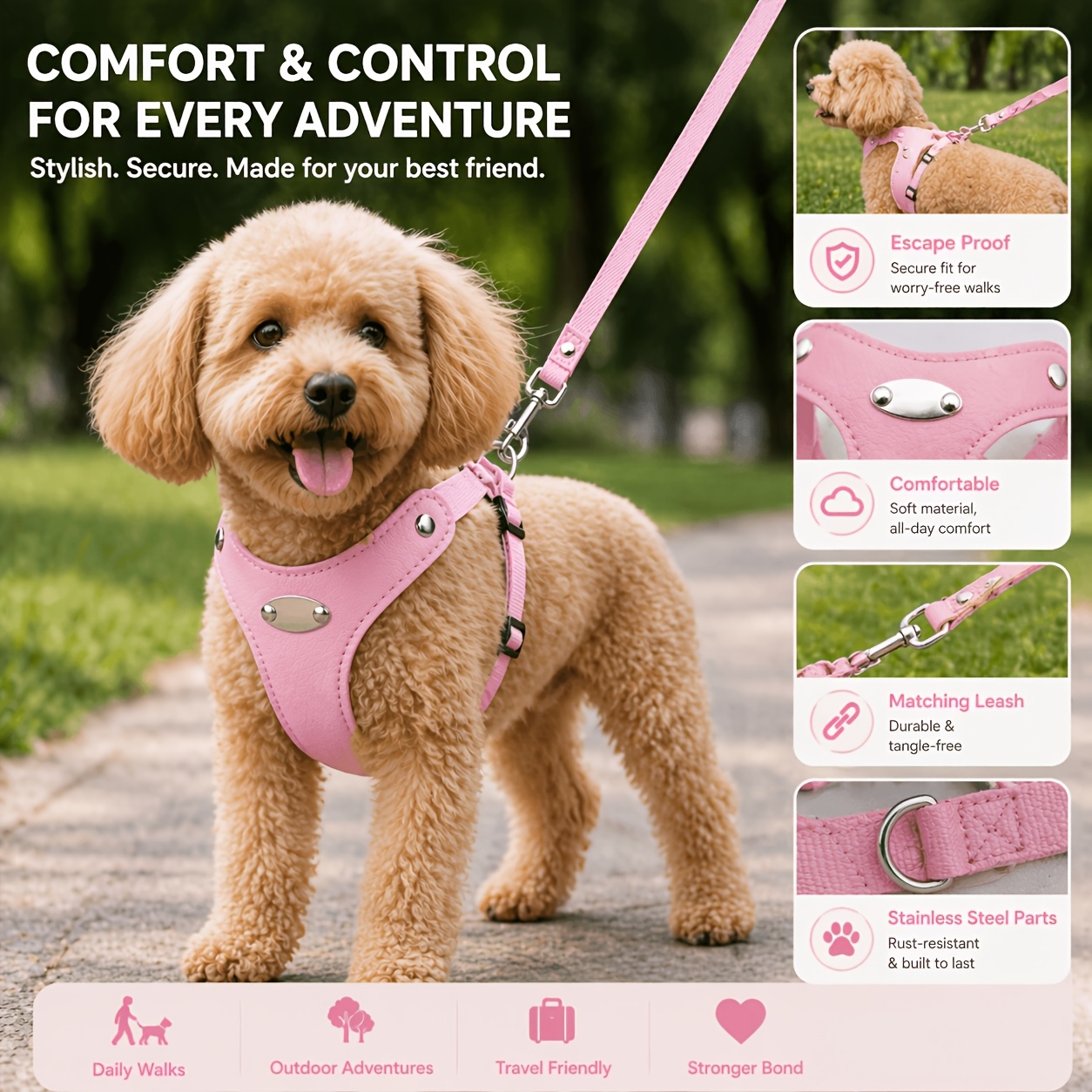2pcs Custom Pet Leash Set with Adjustable Vest, Engraved Name & Phone Number