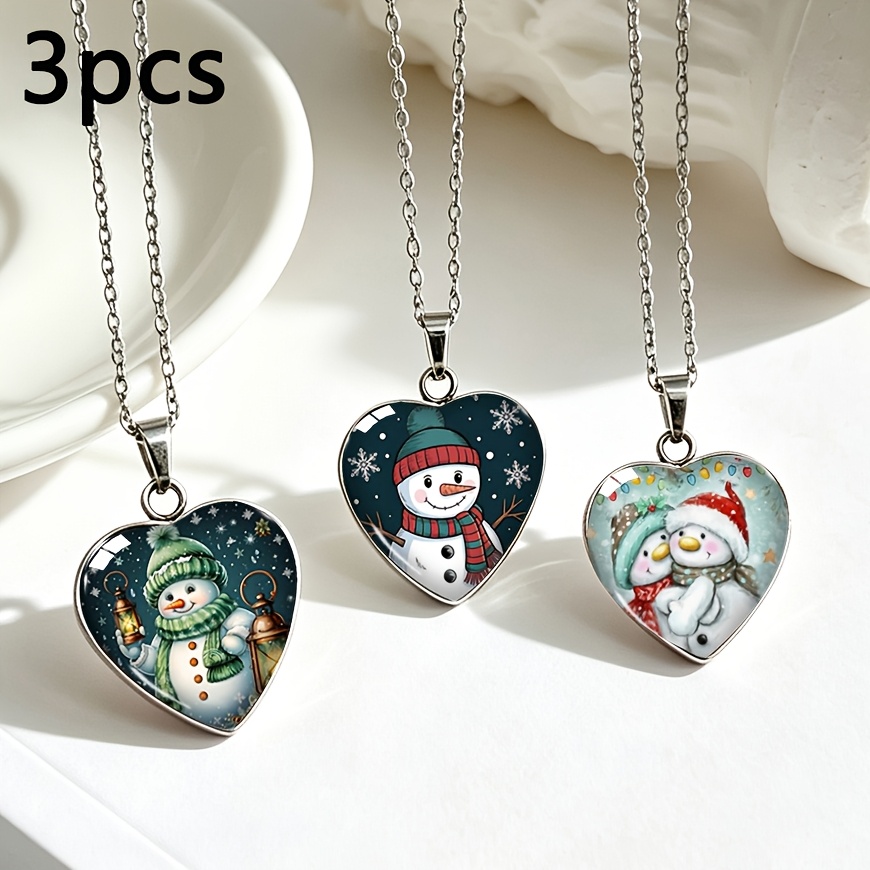 TEMU Ensemble de 3 pièces : Collier en acier inoxydable de de cœur avec écharpe lanterne de dessin , de neige, pendentif en verre de cœur de Noël