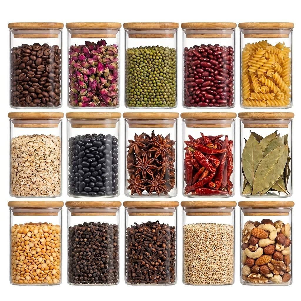 [5/15 stück holzdeckel   vorratsgläser] 250ml quadratische borosilikatglasflasche, luftdicht und feuchtigkeitsbeständig, küchen gewürzglas tee   schmuck aufbewahrungsbox home organisation set
