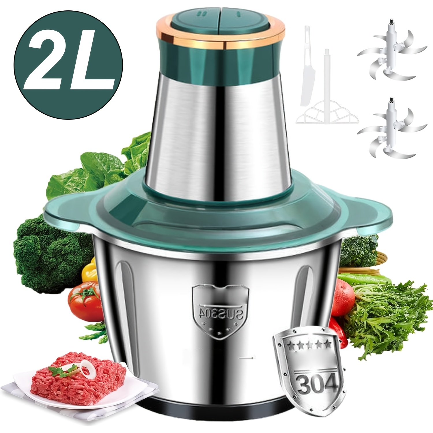 Mini Chopper Electric Food Processors, 2l/3l Vegetable Food Chopper With 2 Speed Settings, 4 Durable Sharp Stainless, For Meat, Vegetables, Fruits, Nuts, Detachable Design (green/black)