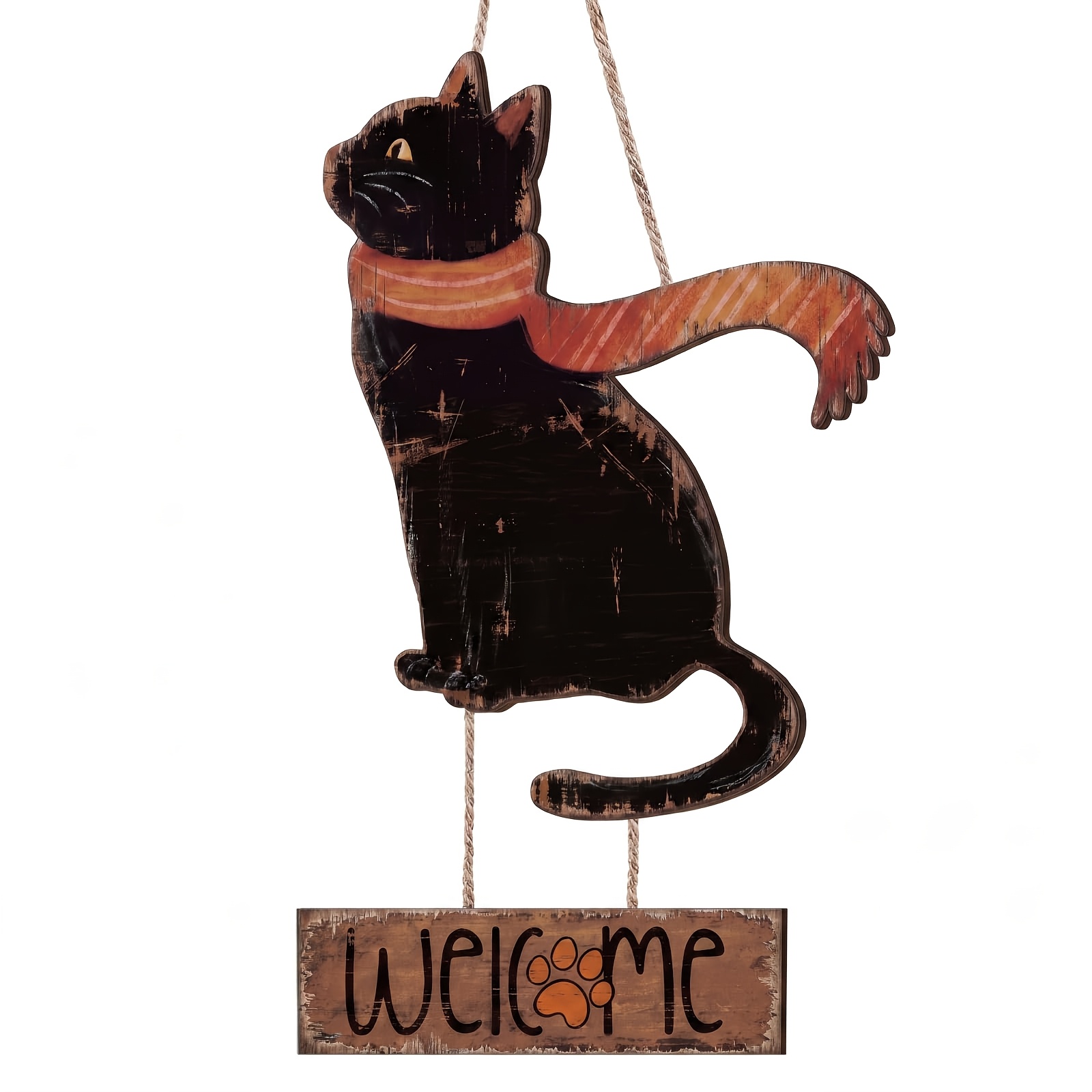 TEMU 1 Set Wooden Autumn Door Decor, Cat Scarf Welcome Door Sign Door Pendant, Autumn Cat Wooden Farmhouse Country Wreath Ornament, Suitable For Home