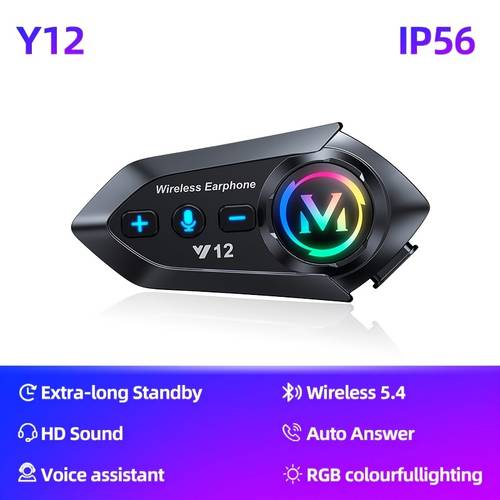 item picture y12 motorcycle bluetooth headset with 13 hours of 100 hours of standby all weather protection rgb colorful lights assistant hands free calls for all with of a soft microphone or hard microphone