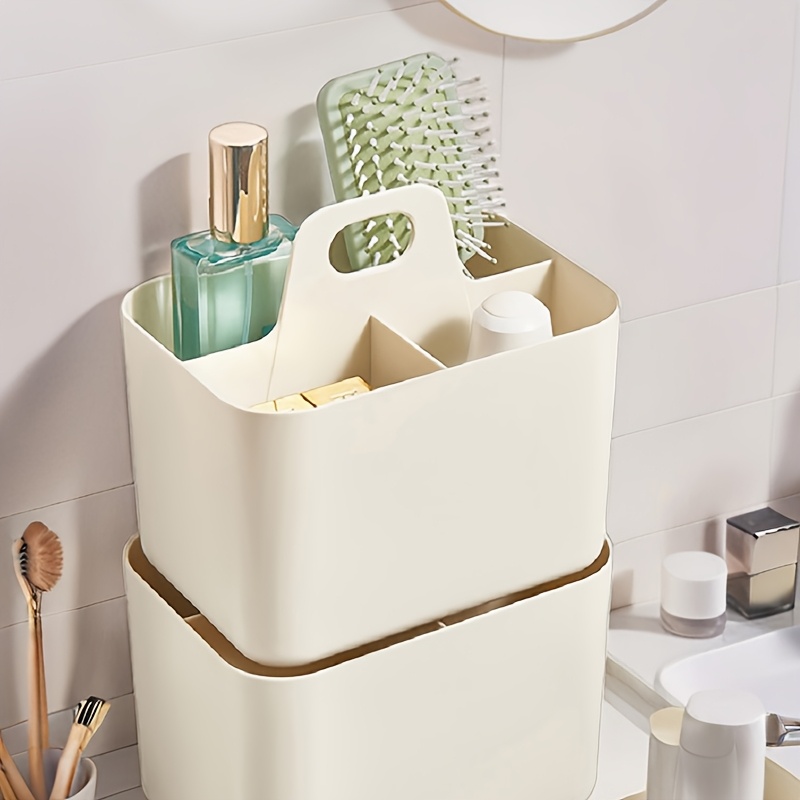 portable cosmetic organizer with handle beige or teal lightweight bathroom storage box open   for vanity makeup kitchen desk durable plastic construction space saving organizer basket bathroom organizers and storage kitchen organization easytoclean material busy professionals Product details 3