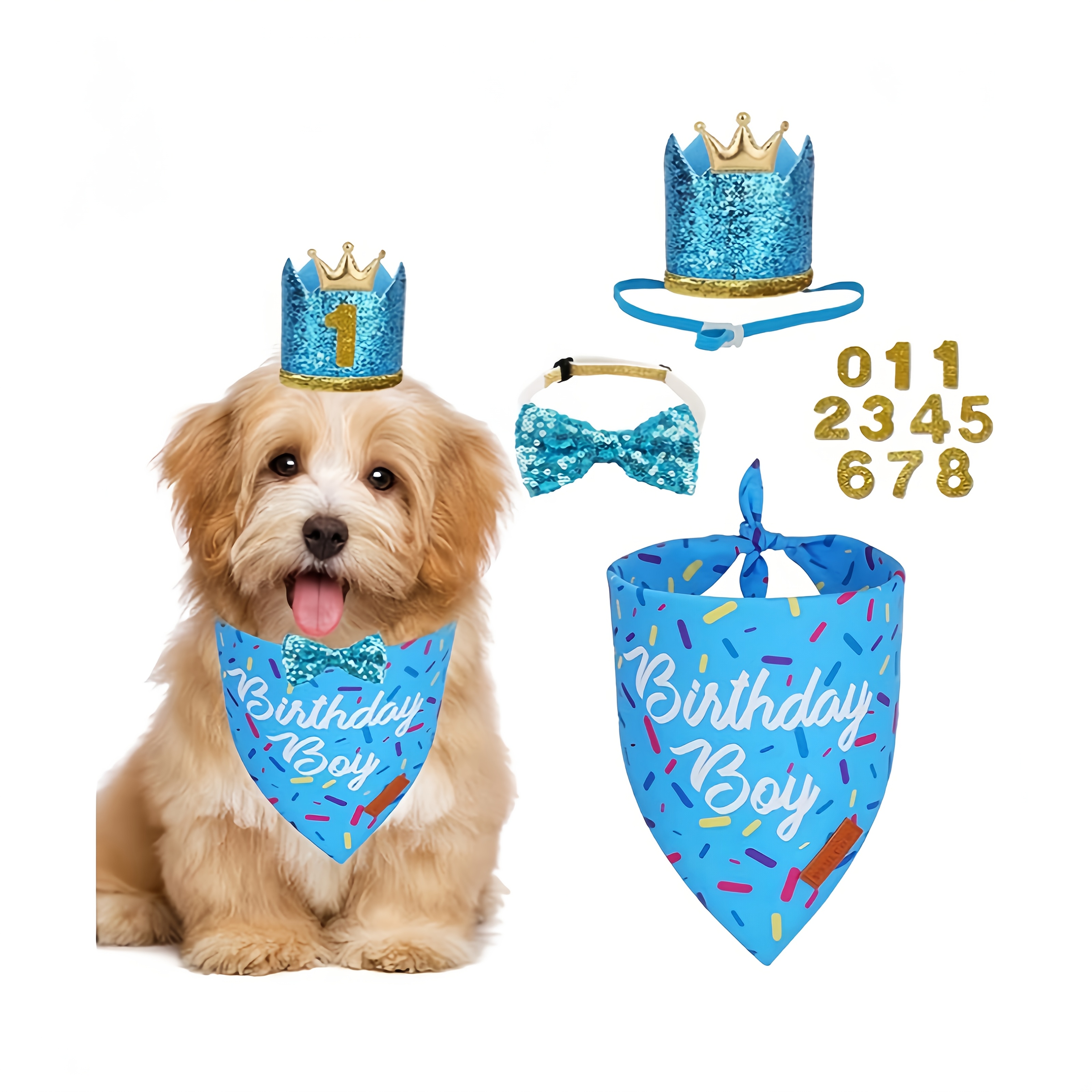 Hunde Geburtstags-Set – Halstuch, Partyhut & Fliege, Blau, Für Kleine Bis Große Hunde