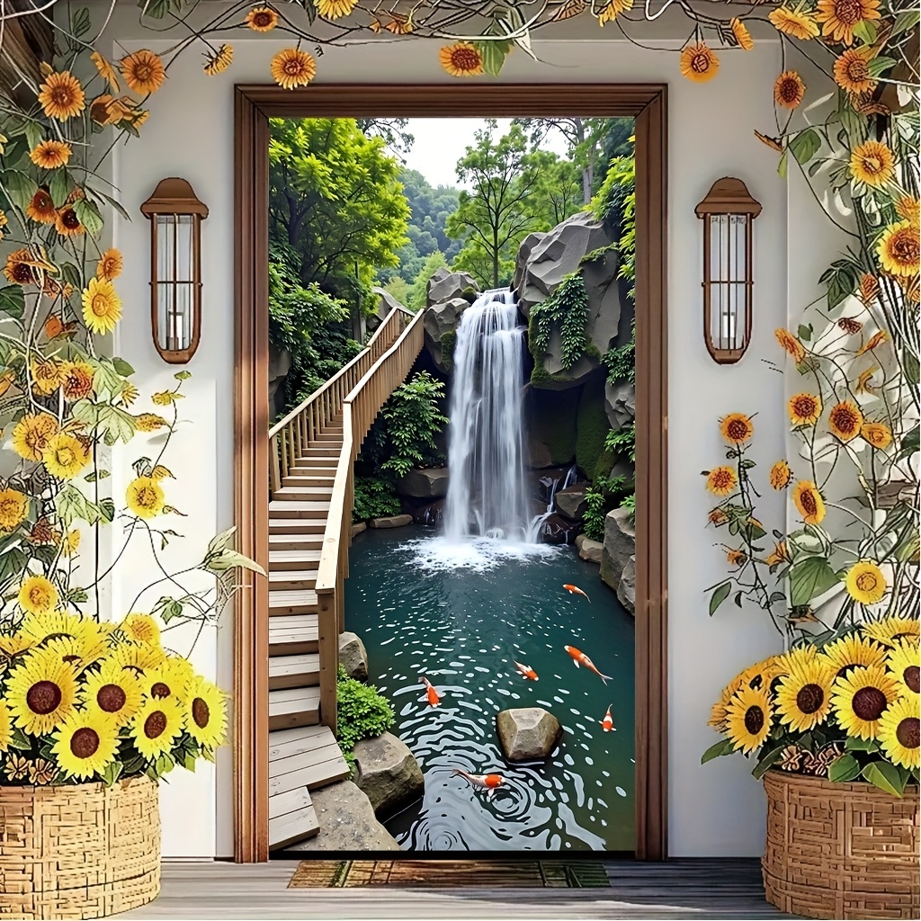 TEMU 2d Flat, 2d Door Banner, 2d Flat Banner, 1pc, A Pond With A Waterfall And Koi Fish, 35*71in Indoor/outdoor Art Decorative Door Curtain, Designed