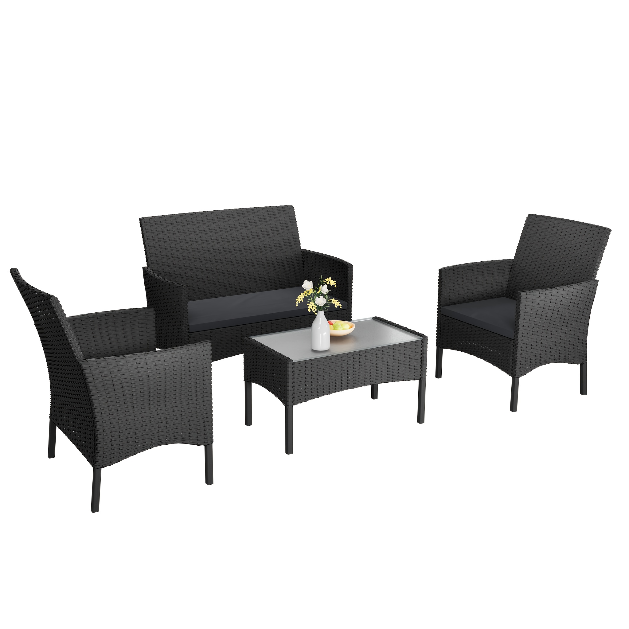 Poly Rattan Balcony Furniture Garden Furniture Set Black - With 2-seater Sofa, Single Chairs, Table And Seat Cushions - Garden Furniture Lounge ( Seat Cushions)