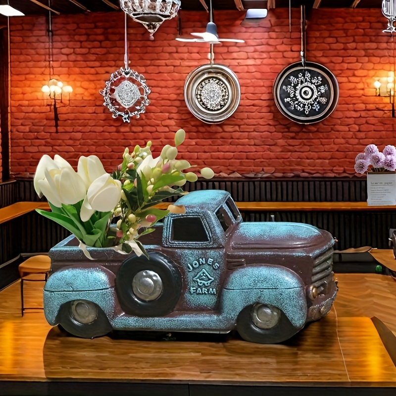 

Vintage "jones Farm" Blue Pickup Truck Resin Planter - Rustic Tabletop Decor For Living Room, Balcony, Bar, Cafe, & Garden - Collectible & Ideal Gift, Western Home Decor