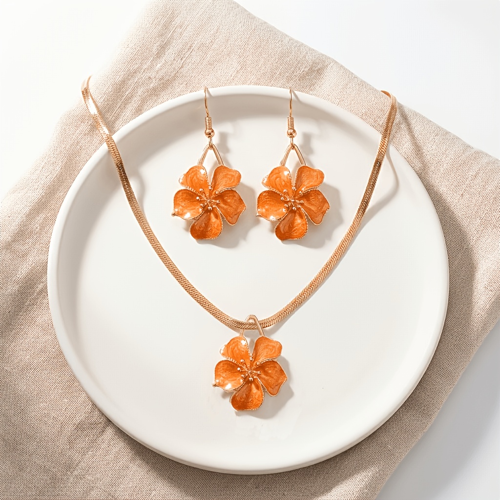 TEMU 2pcs Lxalry Women' Vintage Floral Jewelry Set - Golden Snake Chain & Matching Earrings With Pendant, Suitable For Dresses, Vacation Outfits,