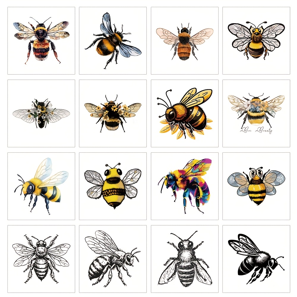Image of 16 Sheets Temporary Bee Tattoos, Insect Party Decoration Items, Waterproof And Long-lasting Fake Tattoo Stickers, Body Art, Size: 6x6cm