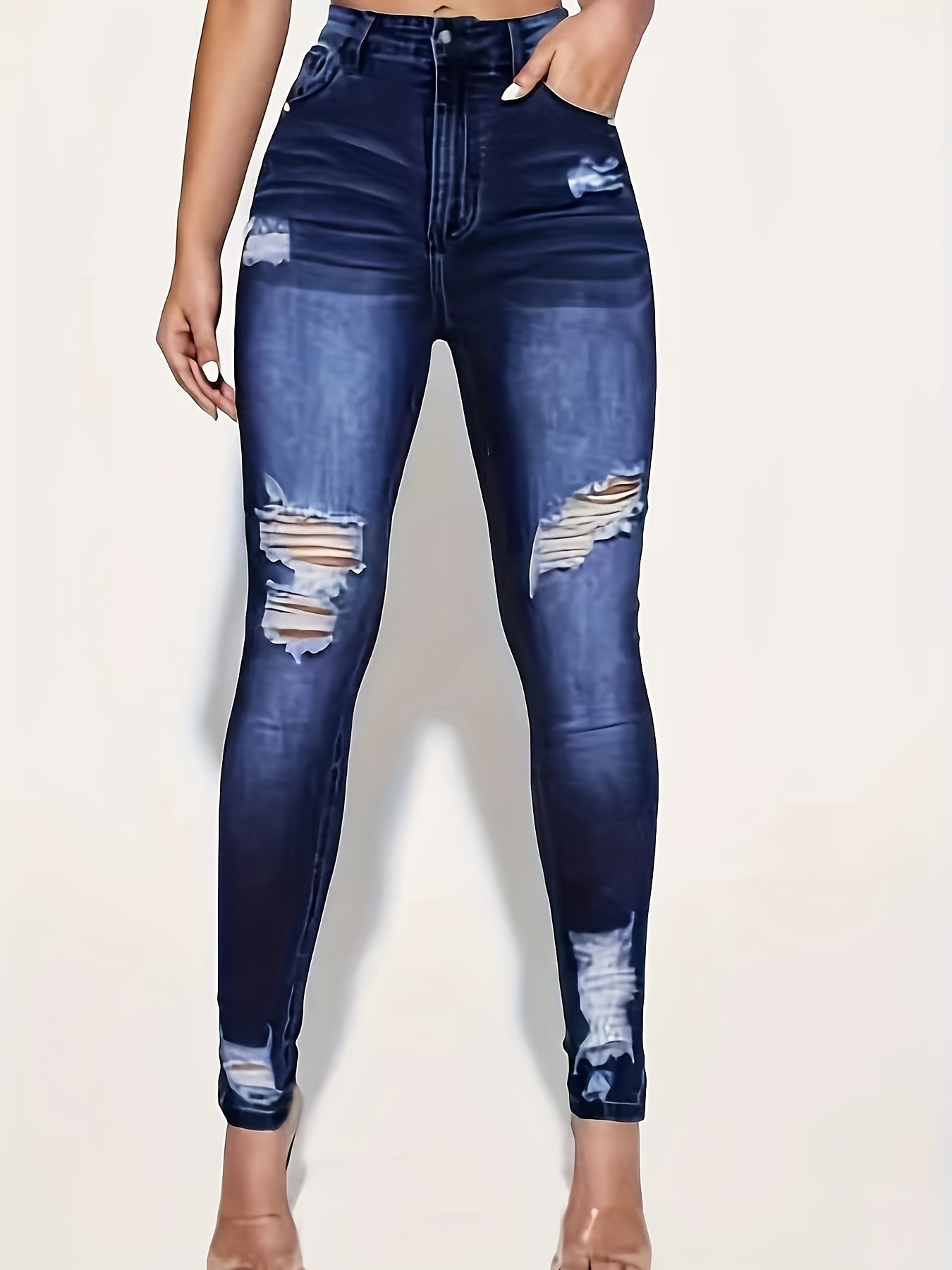 Blue Ripped Holes Skinny Jeans, Slim Fit Slant Pockets Distressed Tight  Jeans, Women's Denim Jeans & Clothing