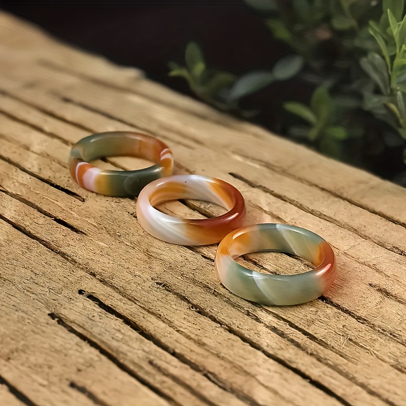 Natural Agate Ring with Marble Green & Orange-Brown Gemstones