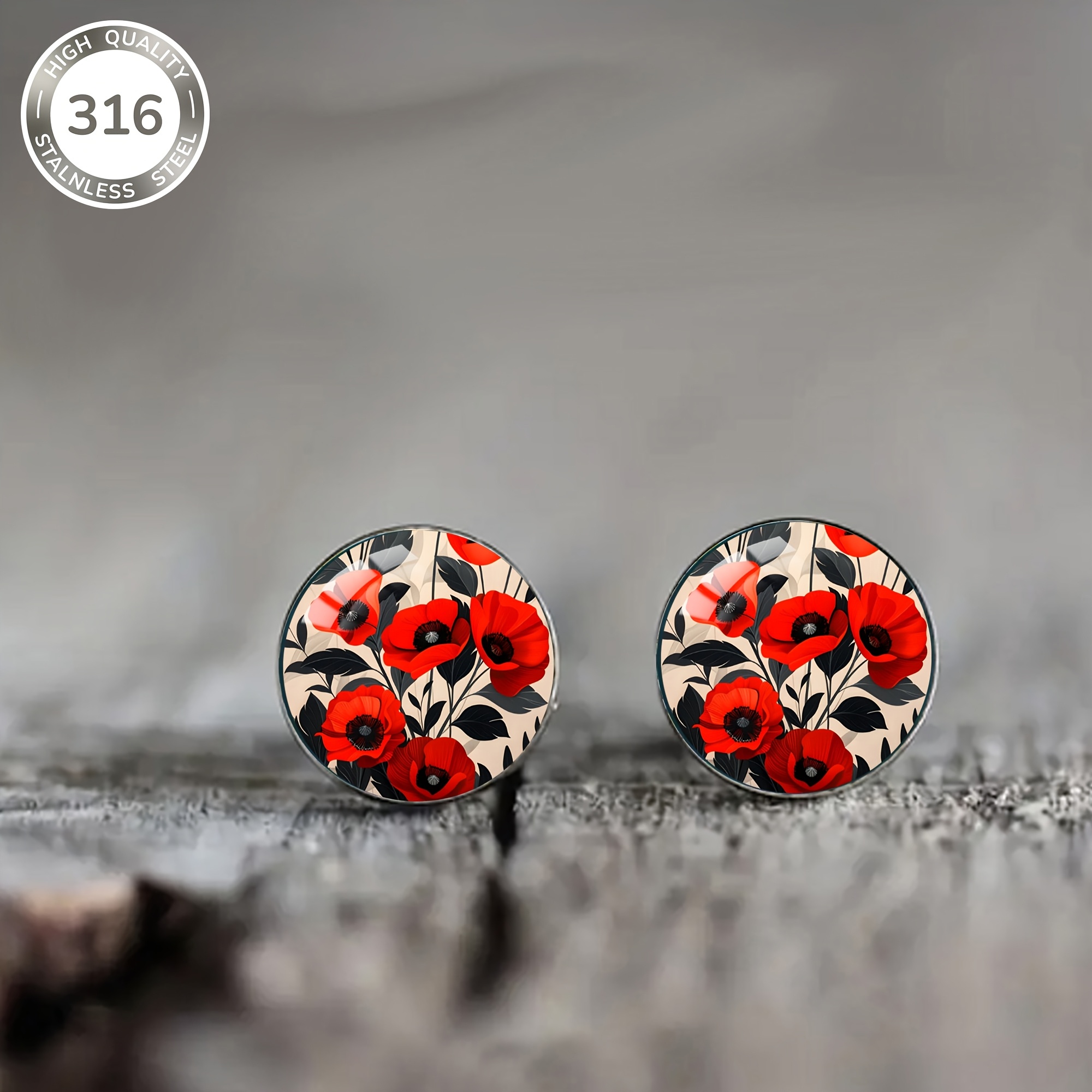 1piar Women's Fashionable Earrings, Featuring A Easy And Elegant Style With A Red Floral Pattern. Made Of Steel With Inlaid Convex Glass, Perfect For Vacation Wear And Holiday Gifts