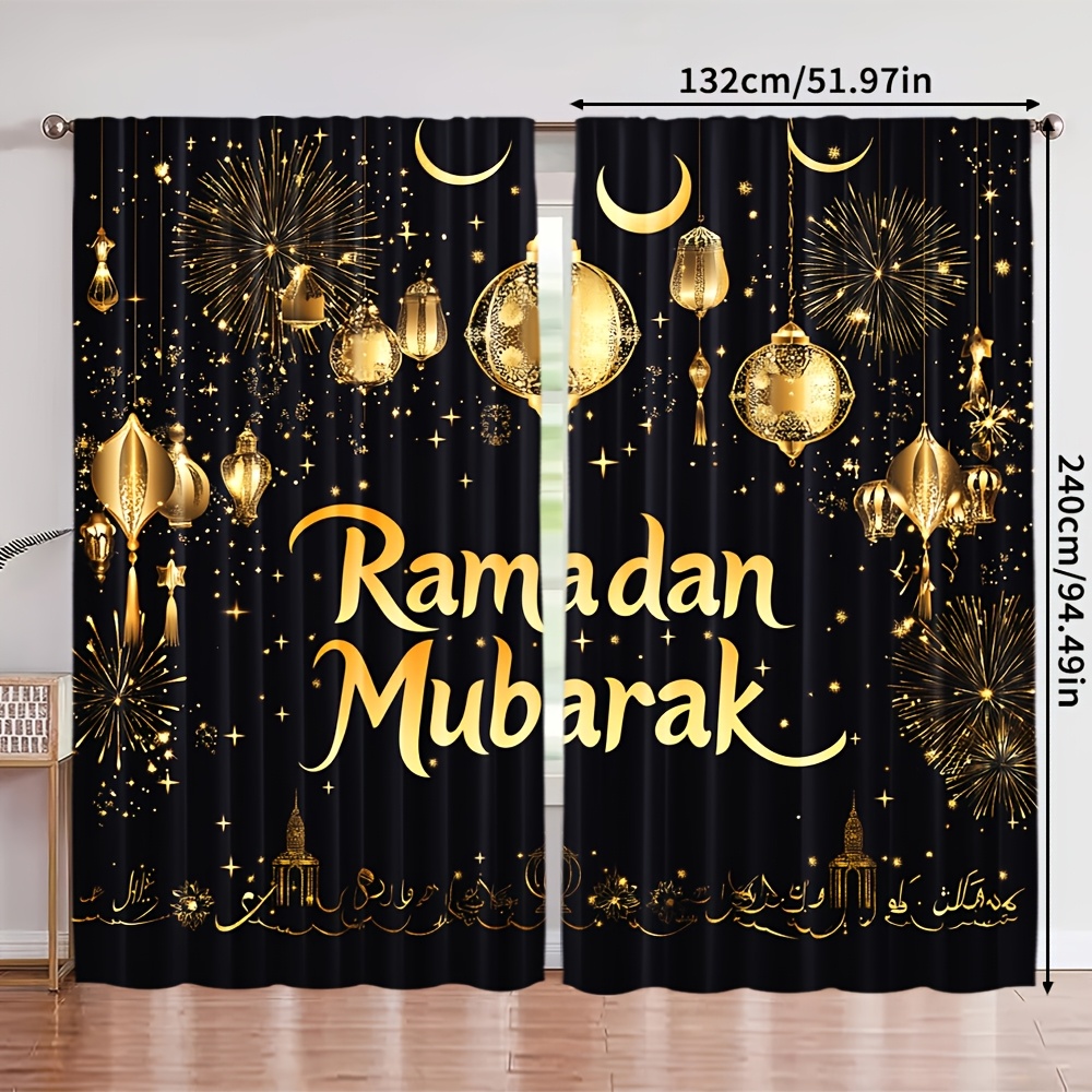 TEMU 2pcs Mubarak Ramadan Curtains - Contemporary Polyester, With Rod, Festive & Room & Bedroom Decor, Festive Room Decor | Festive Curtains |
