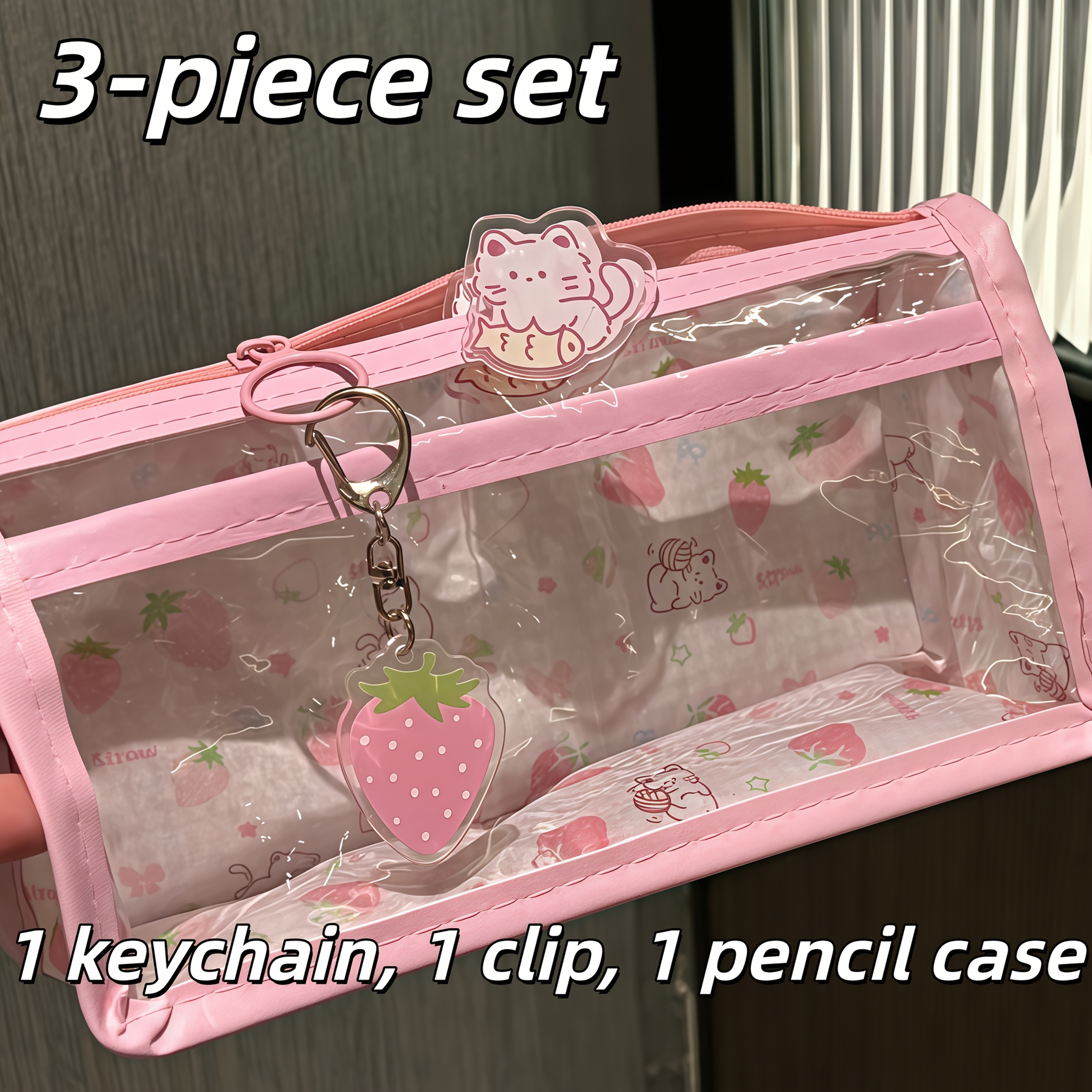 TEMU Set de 3 Trousses à Crayons Transparentes à Double Couche Chaton Rose Baie, Style Doux et Rose, Sac de Rangement de Papeterie Féminin de Grande
