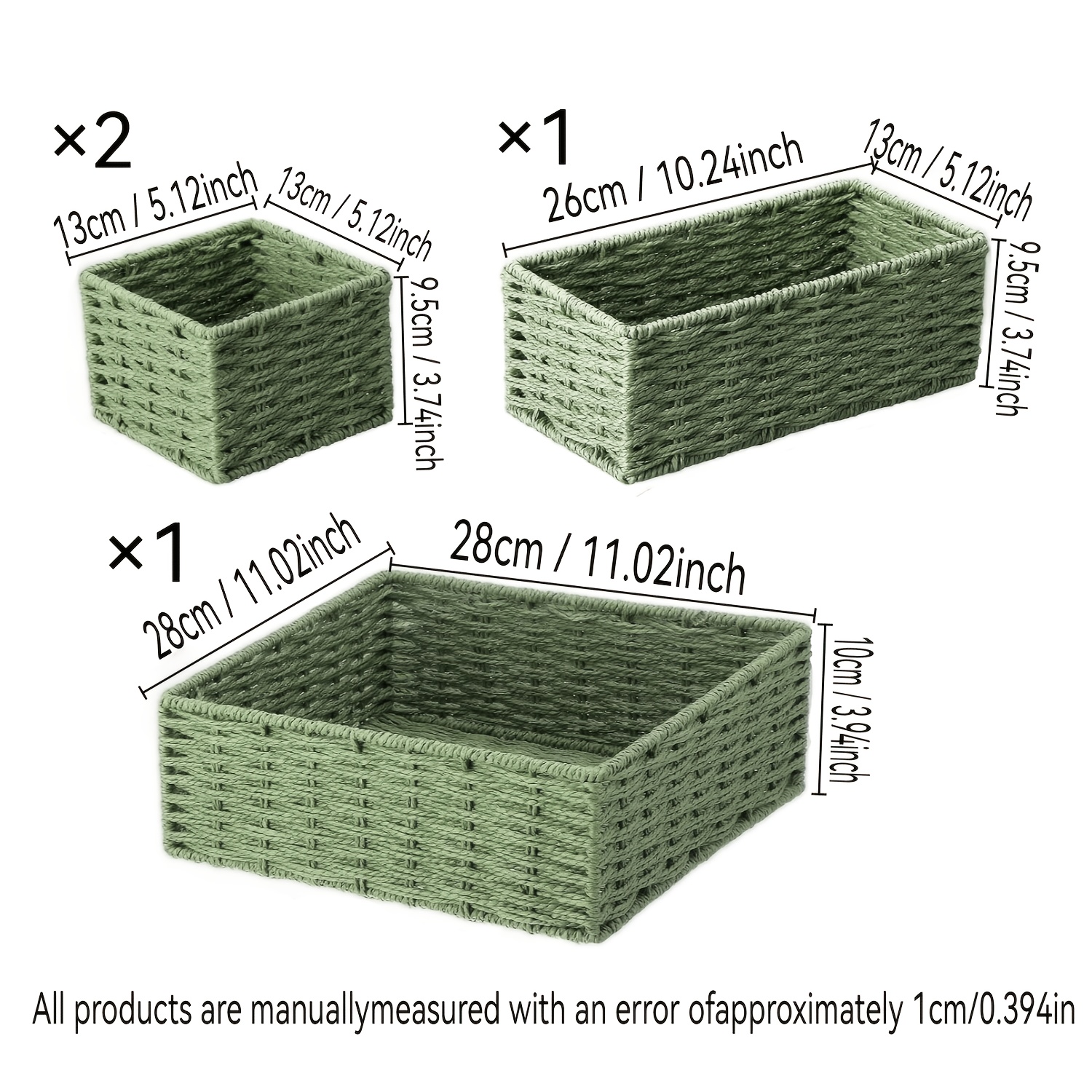 TEMU 4pcs Sage Green Shelf Baskets Paper Rope Woven Storage Shelf 3 Sizes Decor Organizer Bins, Bathroom Counter Bedroom Shelf Storage Containers,