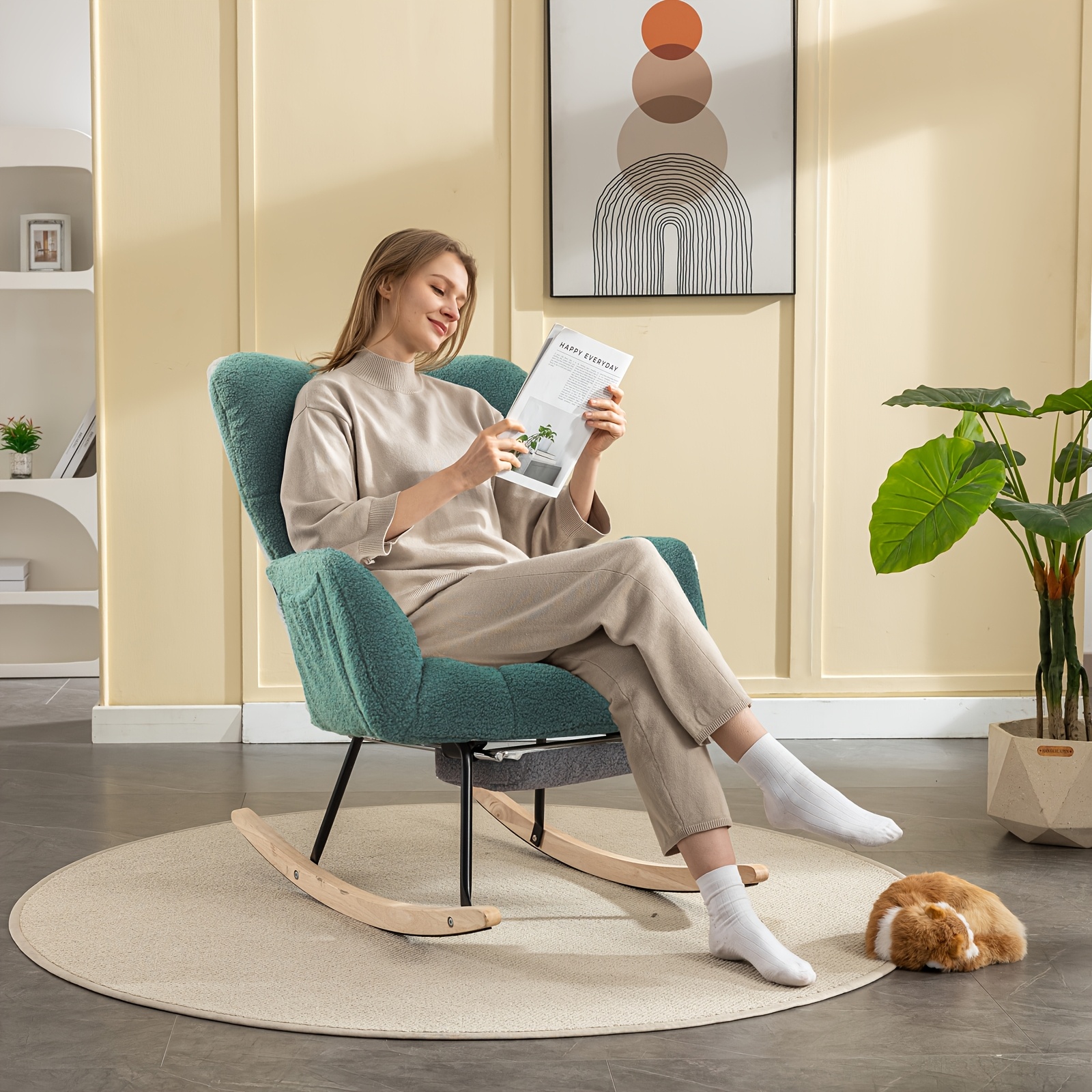 Nursery Teddy Upholstered Glider Rocker with Adjustable Footrest, High Backrest Padded Recliner Reading Chair for Bedroom